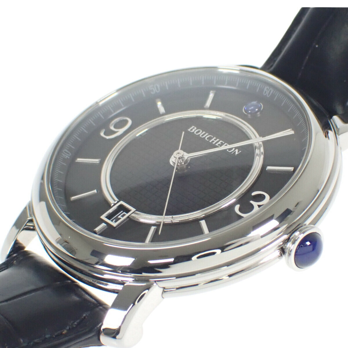 Boucheron  Boucheron Epure Stainless Steel Men’s Watch with Black Leather Strap and Black Dial WA021202 in Excellent condition
