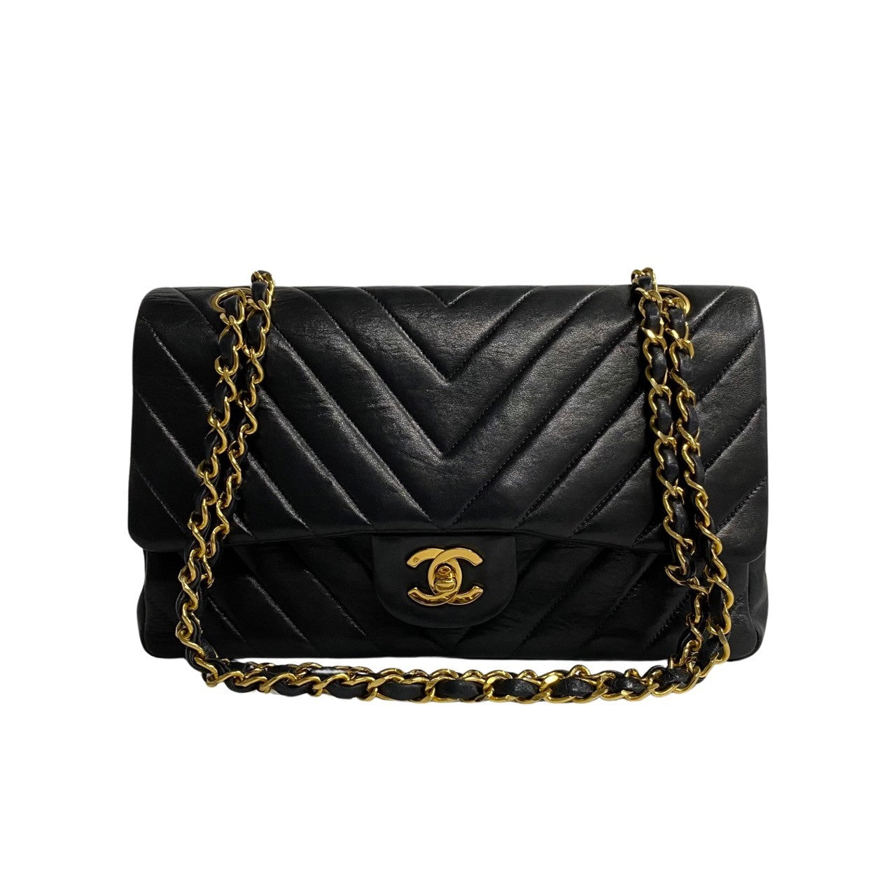 Chanel Medium Chevron Double Flap Bag Leather Shoulder Bag in Very Good Condition