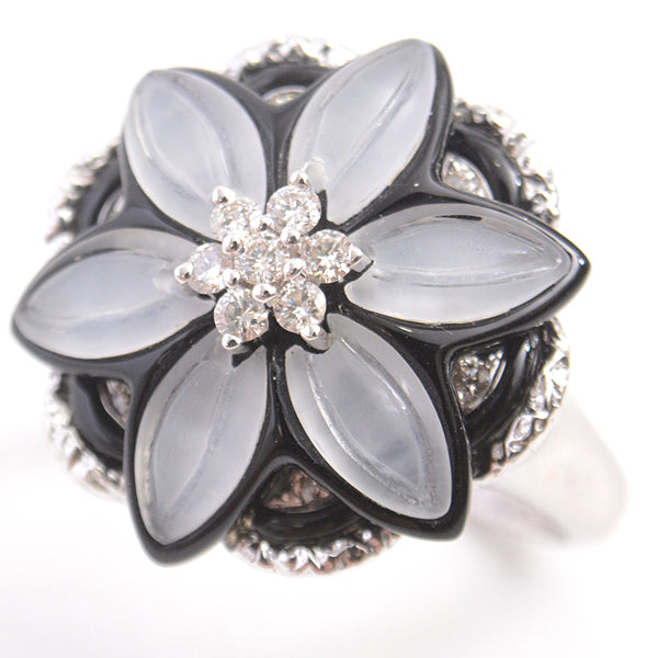 750WG Flower Motif Onyx Diamond Ring 14 White Gold