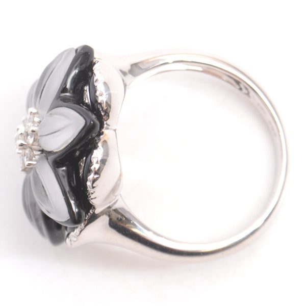 750WG Flower Motif Onyx Diamond Ring 14 White Gold