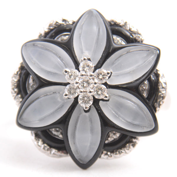 750WG Flower Motif Onyx Diamond Ring 14 White Gold