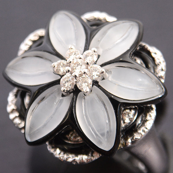 750WG Flower Motif Onyx Diamond Ring 14 White Gold