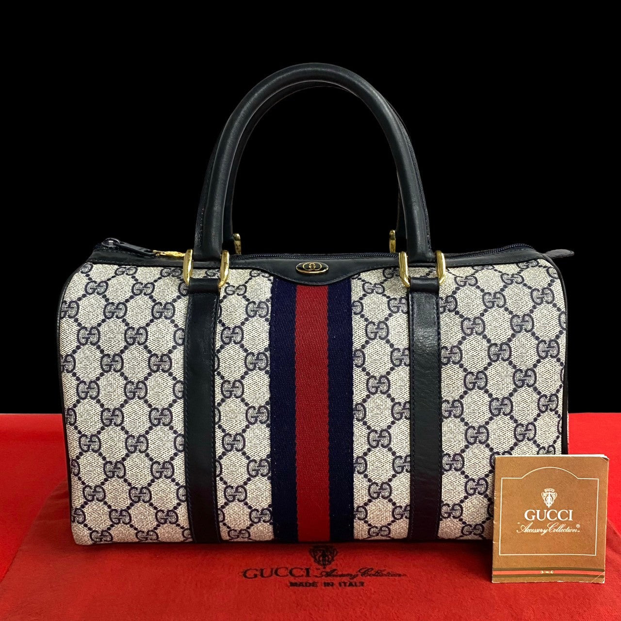 Gucci Vintage Leather Handbag Mini Boston Bag Navy