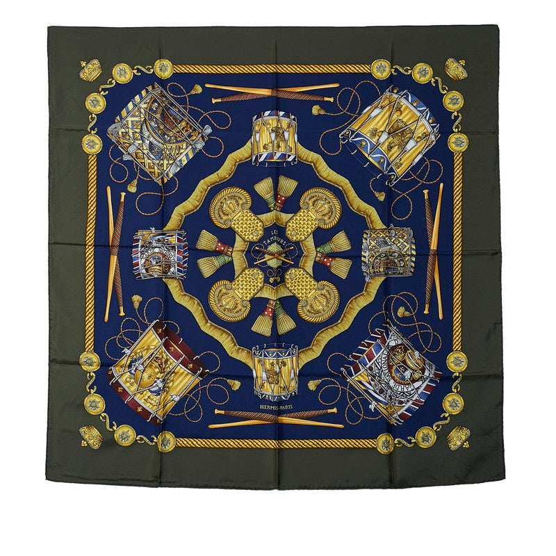 Hermes Silk Scarf Les Tambours Blue Khaki