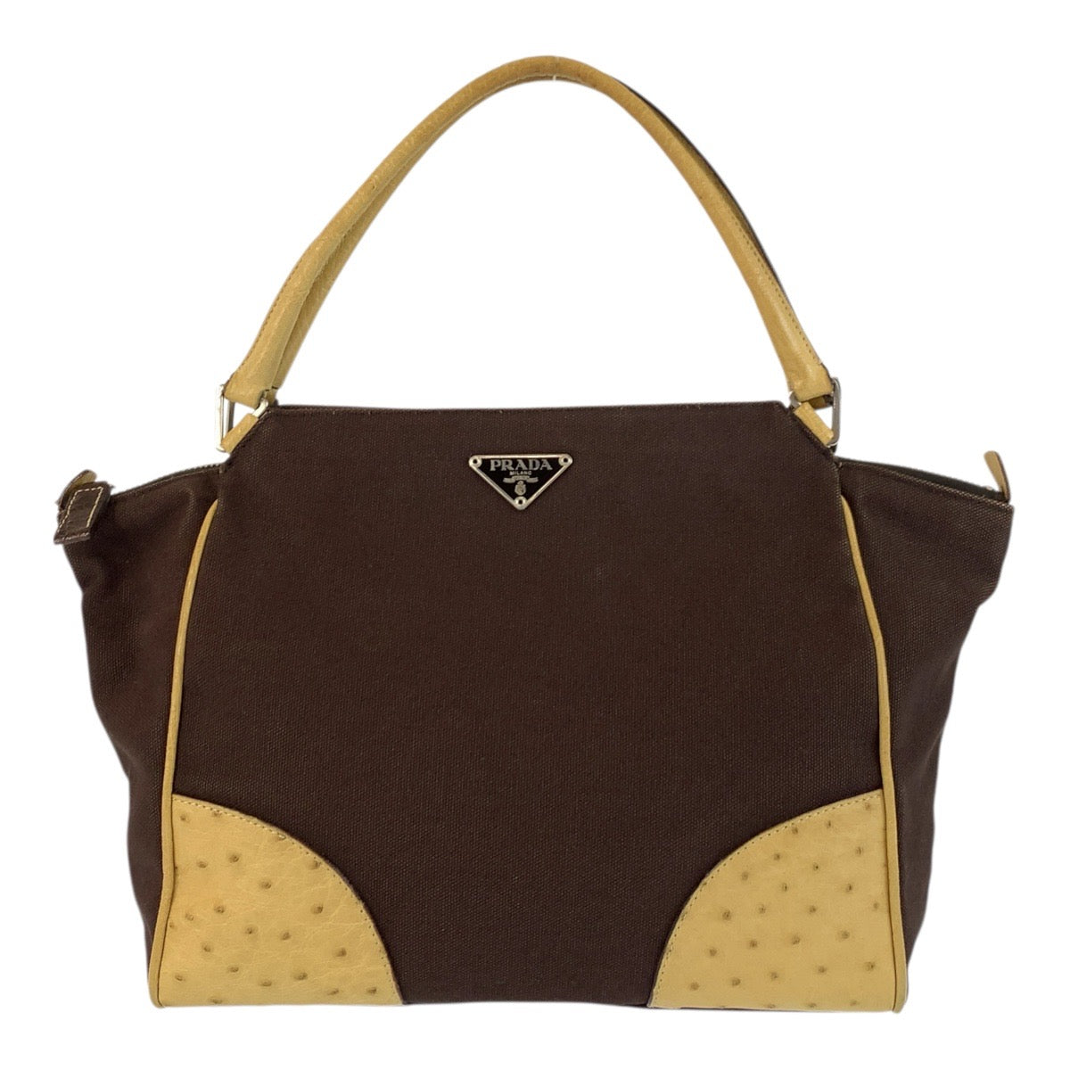 Prada Triangle Logo Plate Canvas/Ostrich Tote Bag