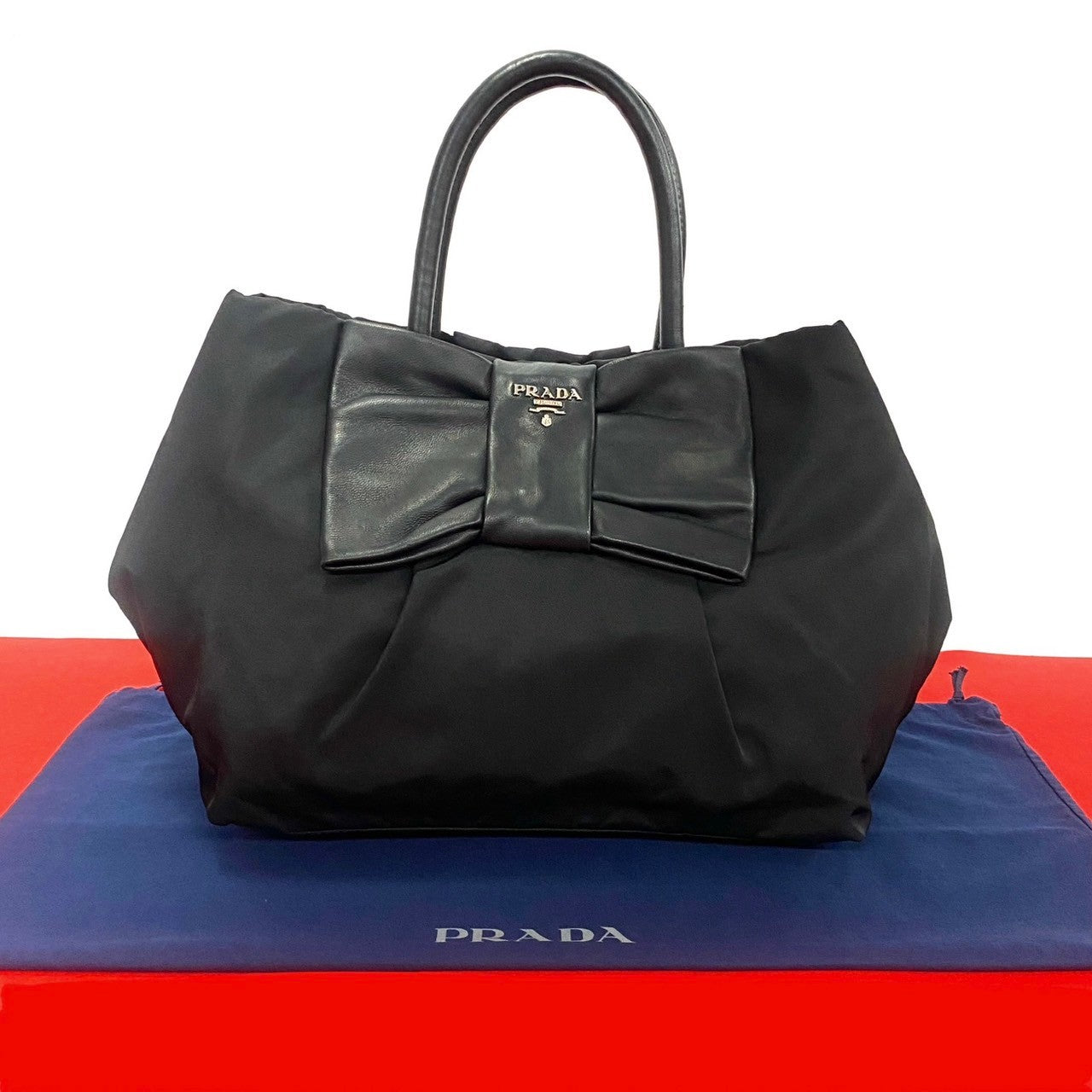 Prada Logo Engraved Ribbon Nylon Leather Genuine Handbag Canvas Tote Bag BN1601 in Great Condition