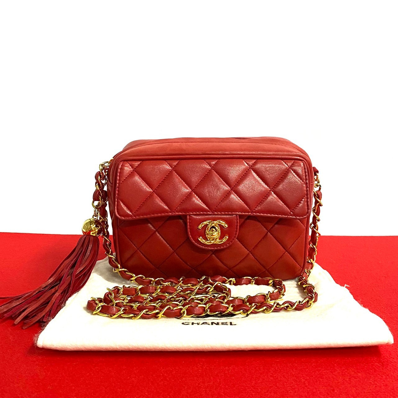 Chanel Lambskin Matelasse Tassel Chain Shoulder Bag Red