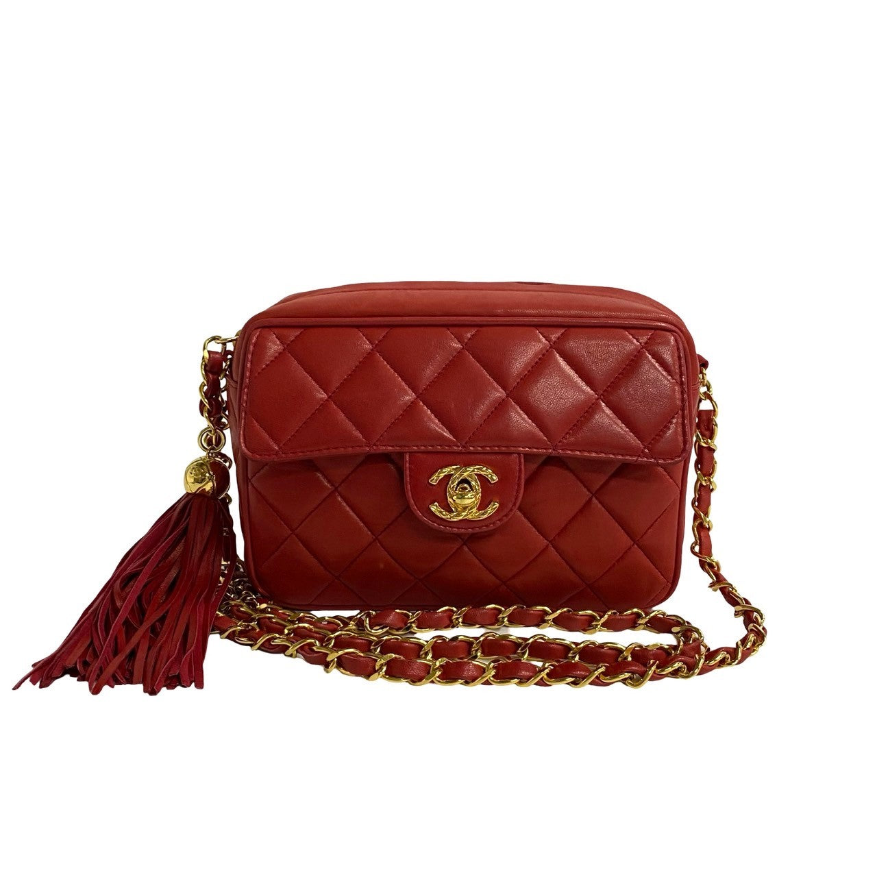 Chanel Lambskin Matelasse Tassel Chain Shoulder Bag Red