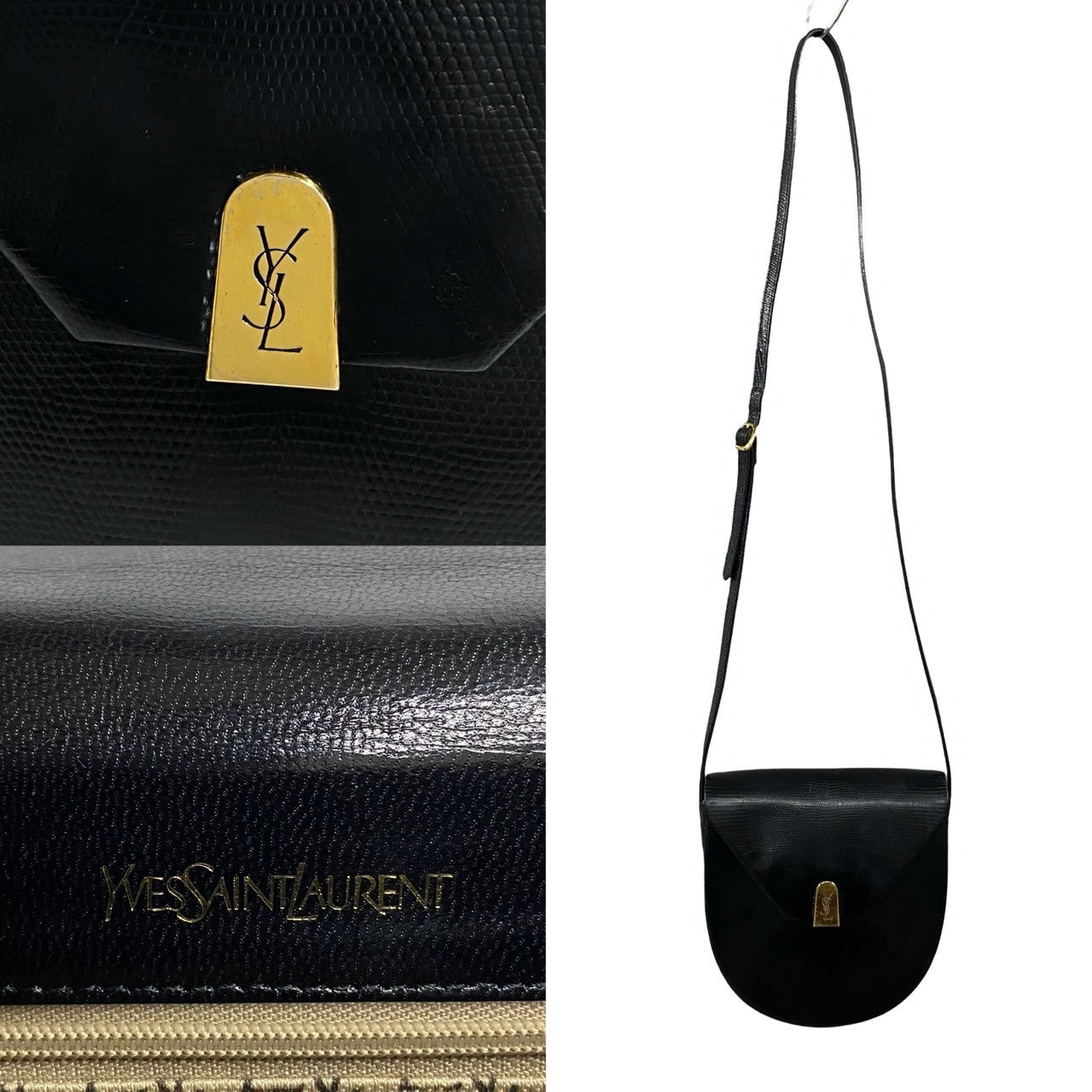 Yves Saint Laurent Lizard Leather Shoulder Bag Black