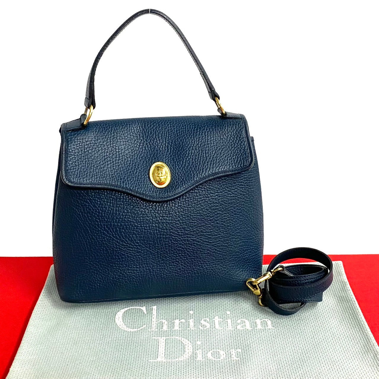 Dior Leather 2way Shoulder Bag Mini Handbag Navy