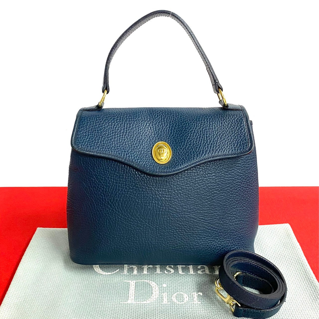 Christian Dior Leather 2way Shoulder Bag Mini Handbag Navy