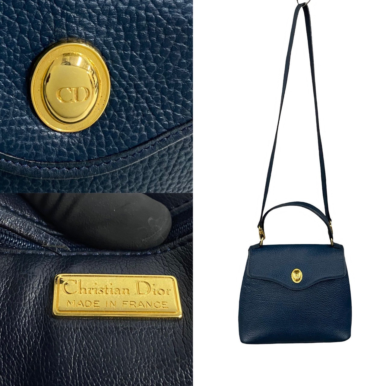 Dior Leather 2way Shoulder Bag Mini Handbag Navy