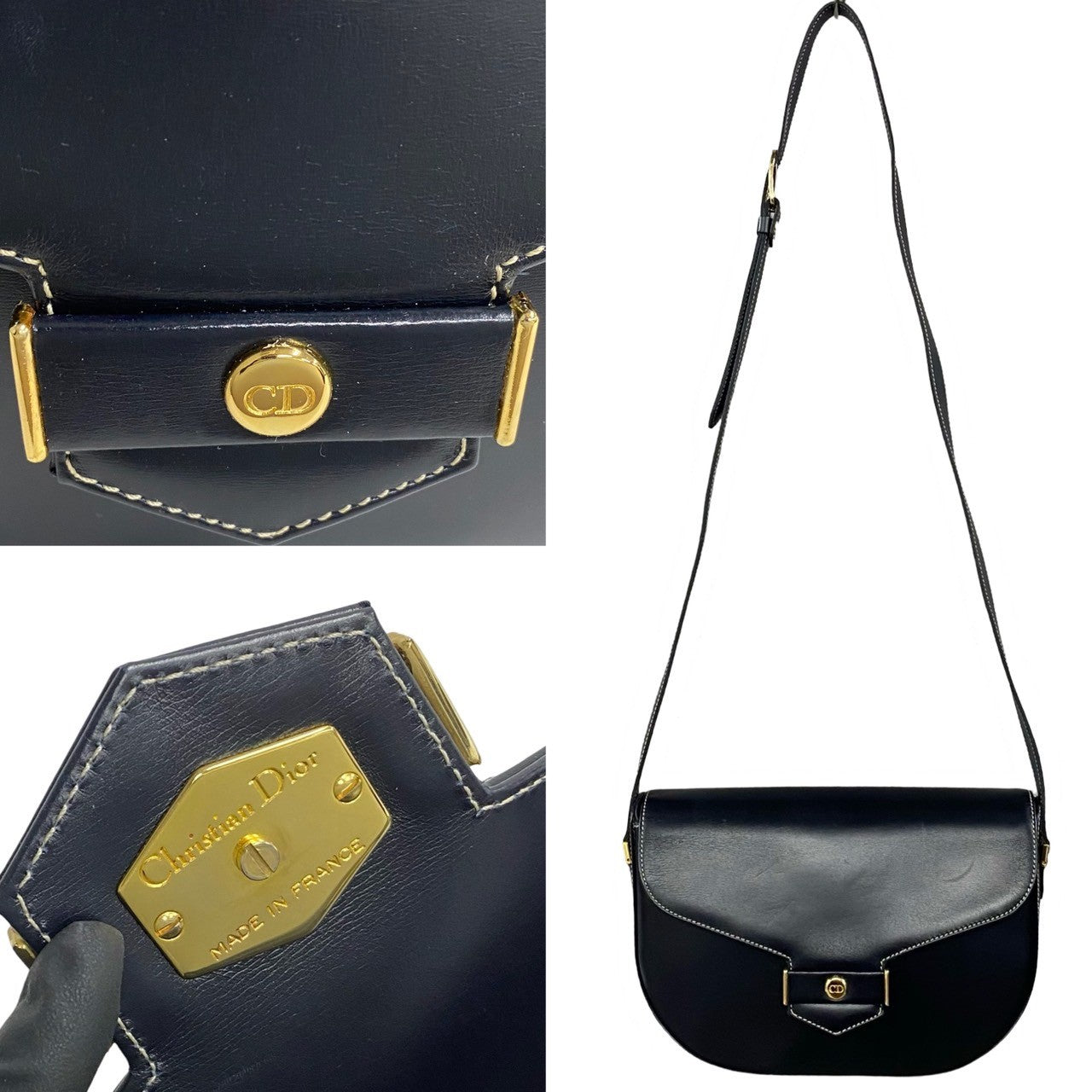 Christian Dior Leather Shoulder Bag Navy