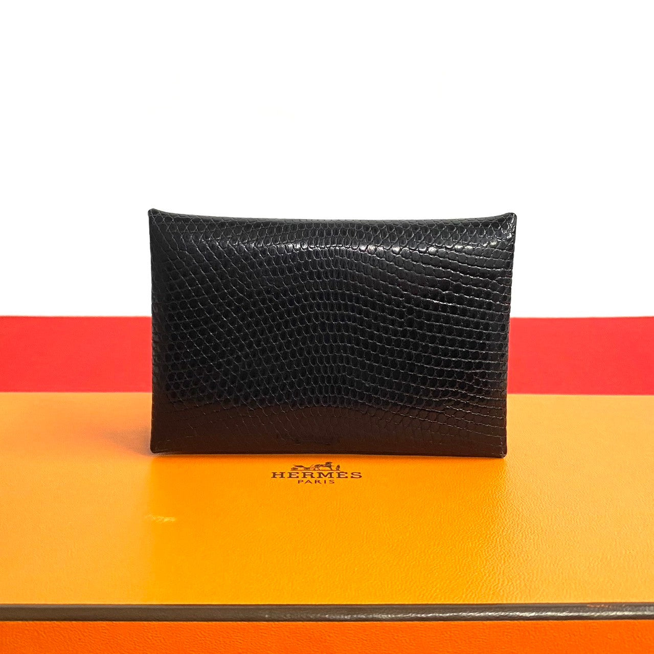 Hermes Lizard Calvi Card Case Black