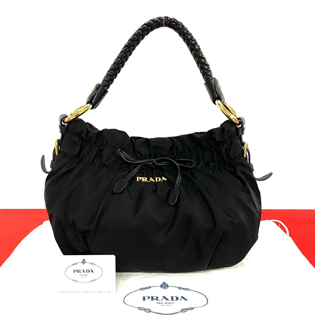 Prada Nylon Leather Logo Ribbon Handbag Black