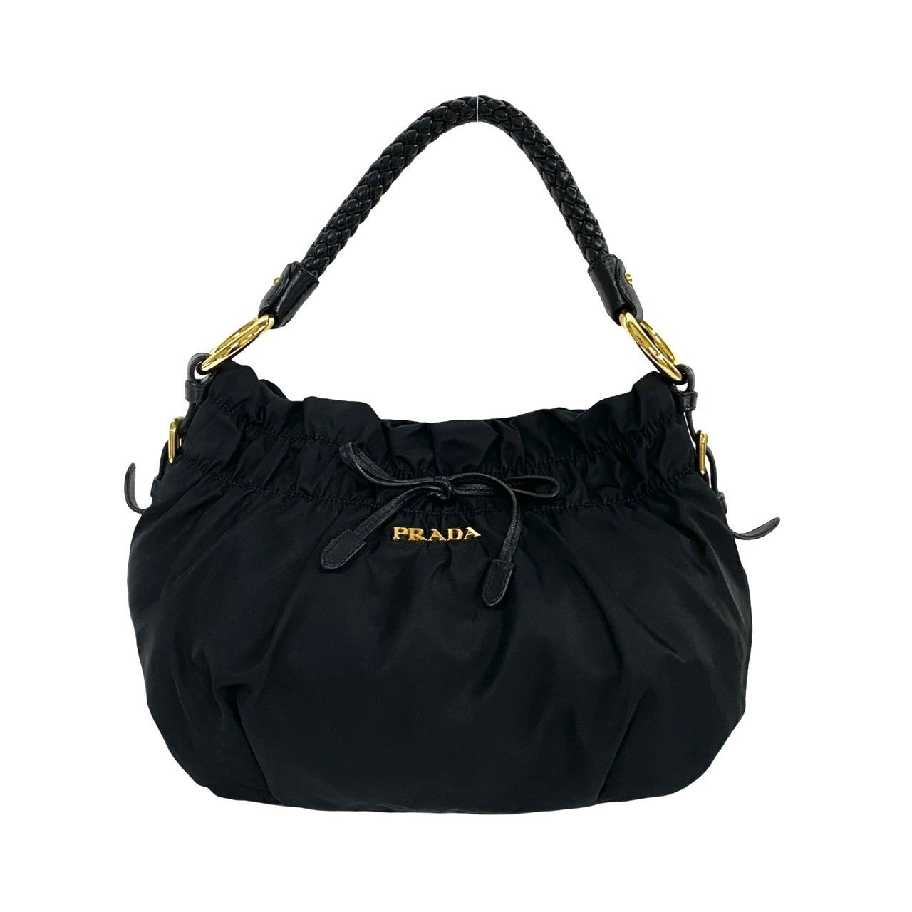 Prada Nylon Leather Logo Ribbon Handbag Black