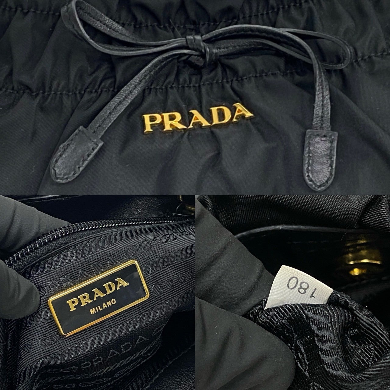 Prada Nylon Leather Logo Ribbon Handbag Black