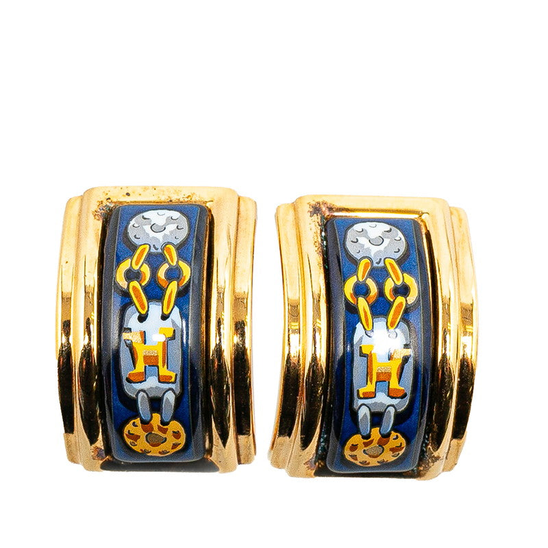 Hermes Enamel GM Earrings Gold Navy Multicolor in Very Good Condition