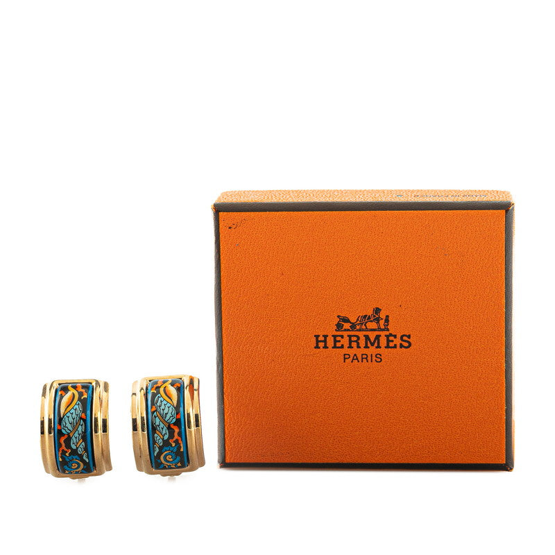 Hermes Enamel Clip Earrings Gold Blue