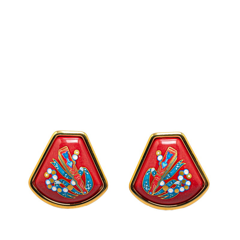 Hermes Enamel Earrings Gold Red Multicolor