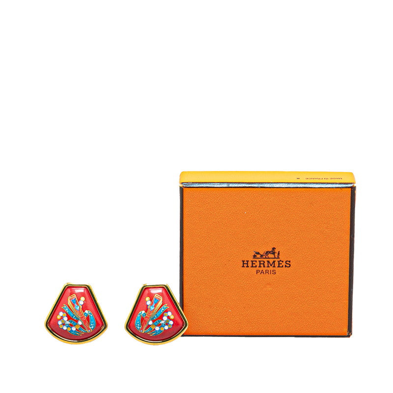 Hermes Enamel Earrings Gold Red Multicolor