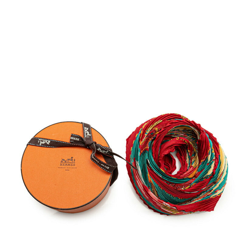 Hermes Silk Pleated Scarf Red Multicolor