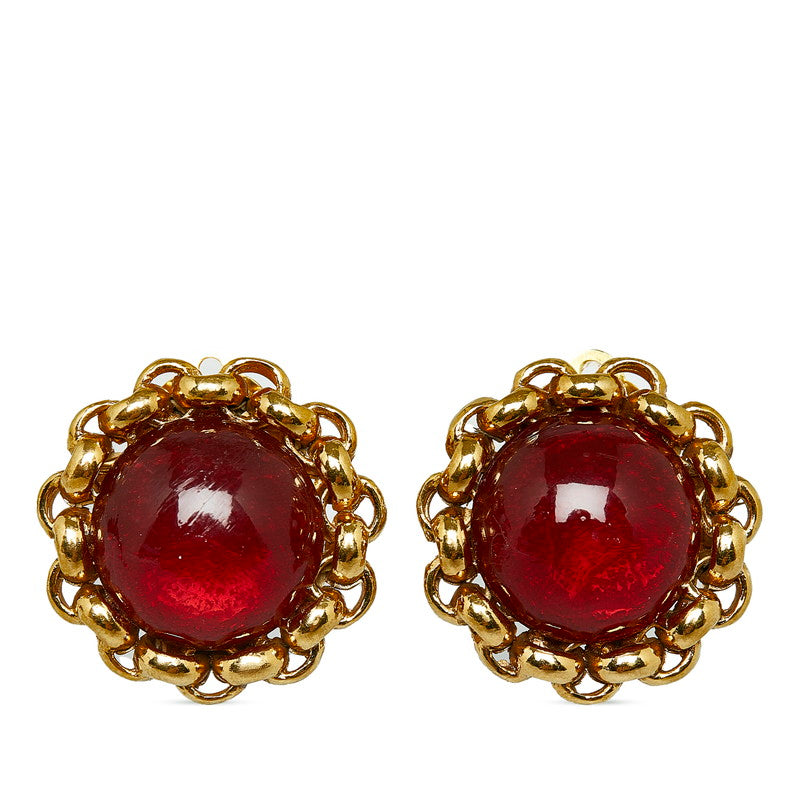 Chanel Rhinestone Coco Mark Earrings Gold Red in Very Good Condition