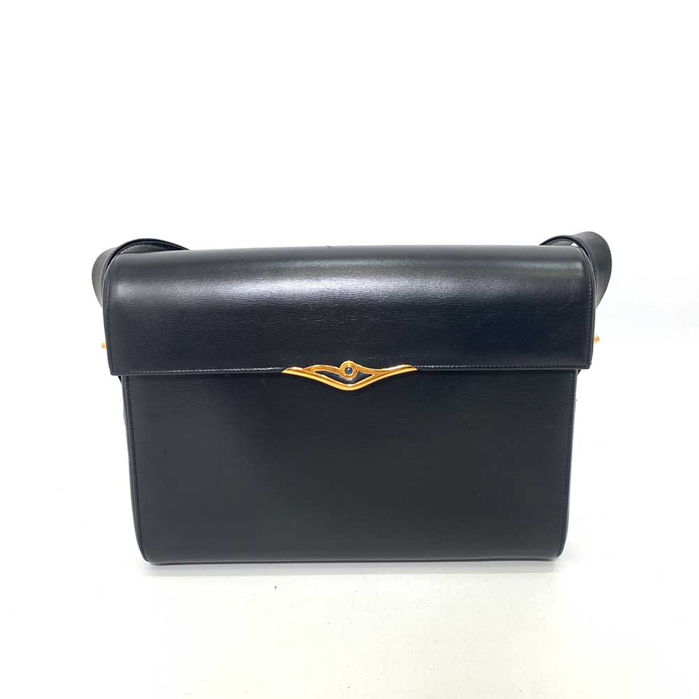 Cartier Calf Leather Sapphire Line Shoulder Bag Dark Navy Vintage in Very Good Condition