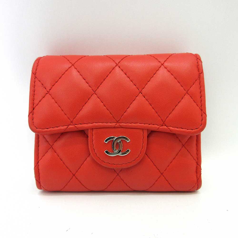 Chanel Lambskin Small Wallet Orange Red in Very Good Condition