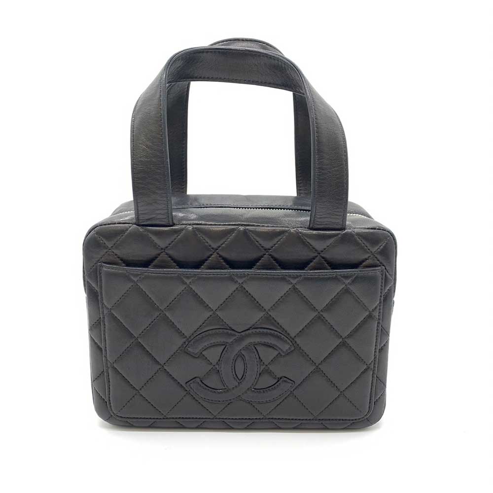 Chanel Lambskin Matelasse Handbag Black Silver Hardware in Very Good Condition