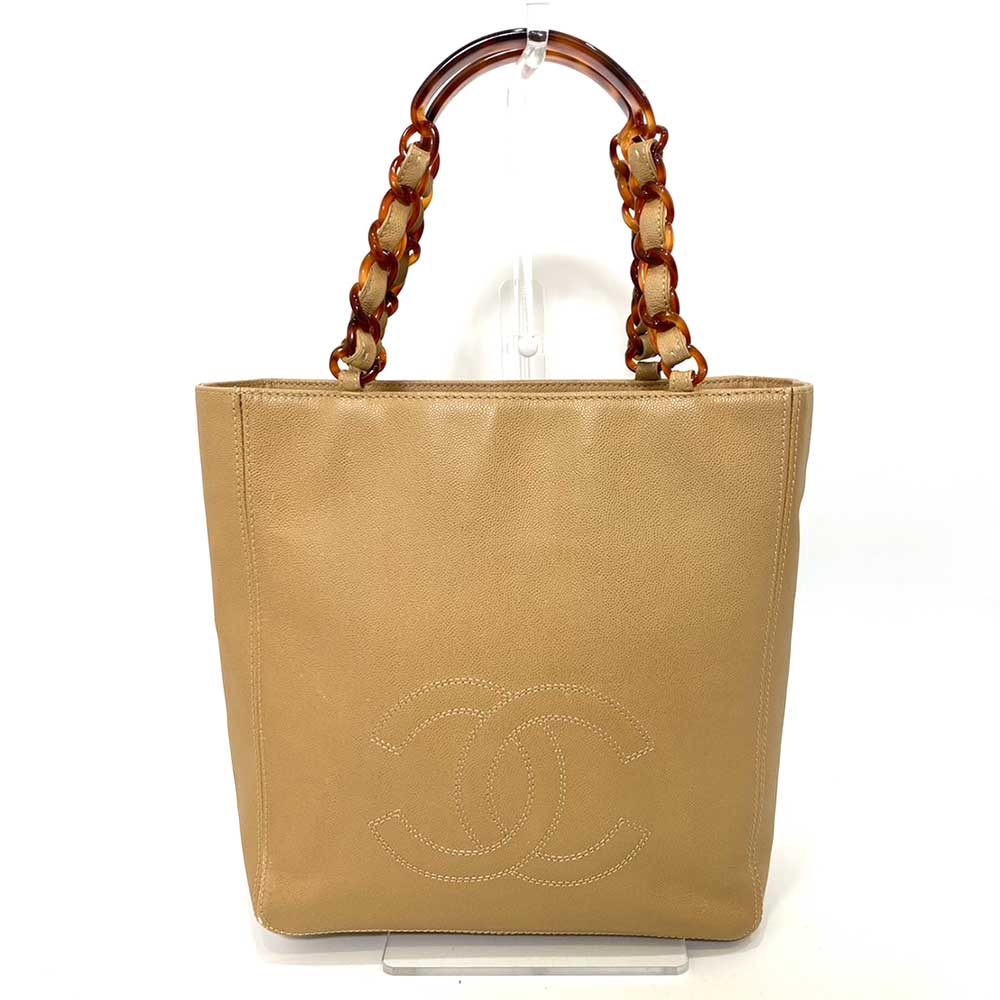 Chanel Caviar Skin Tortoiseshell Chain Tote Bag Beige in Very Good Condition