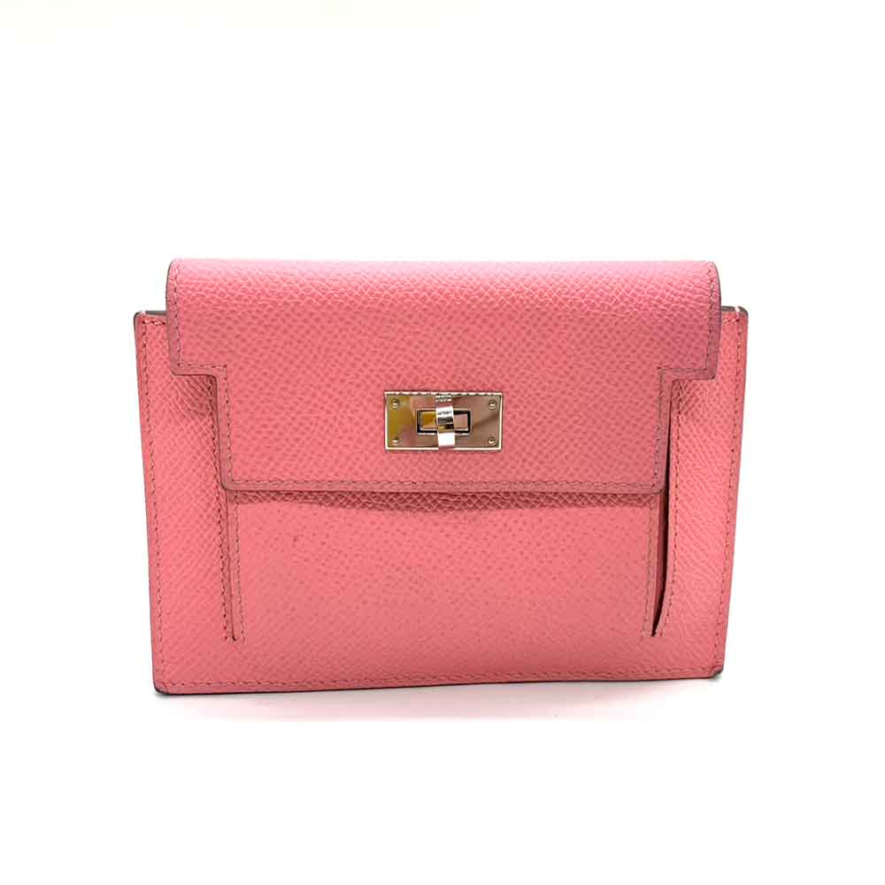 Hermes Kelly Pocket Compact Wallet Pink Silver Hardware in Very Good Condition