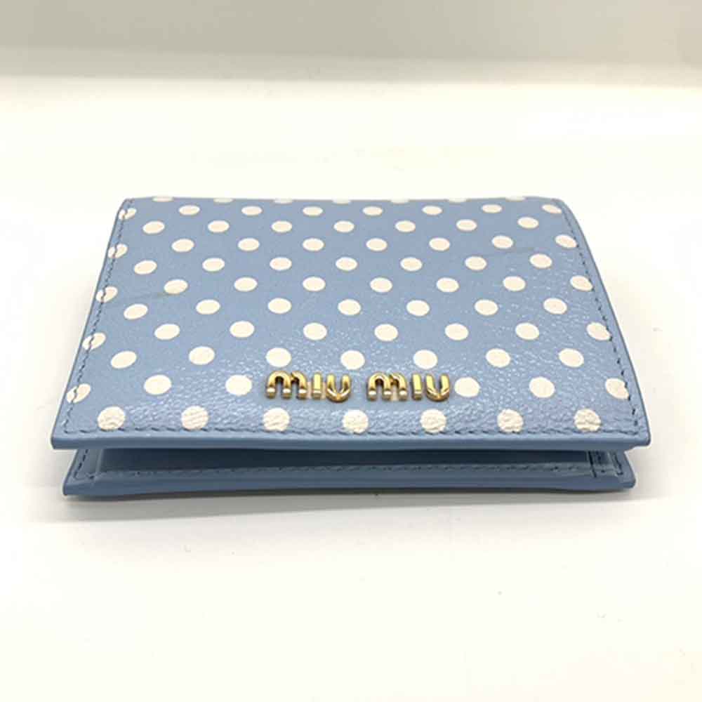 Miu Miu Leather Madras Mini Wallet Blue White Dot Print in Great Condition