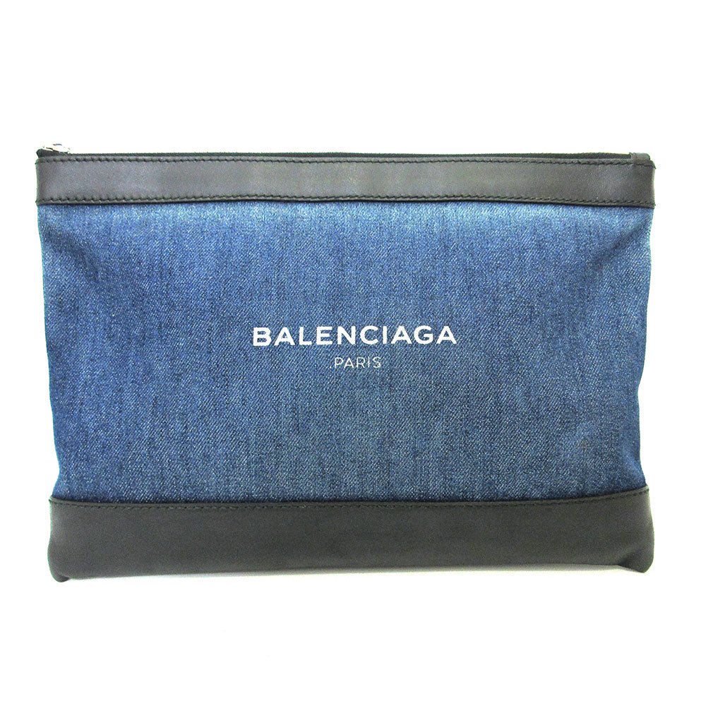 Balenciaga Denim Canvas Leather Navy Clip M Clutch Bag in Very Good Condition