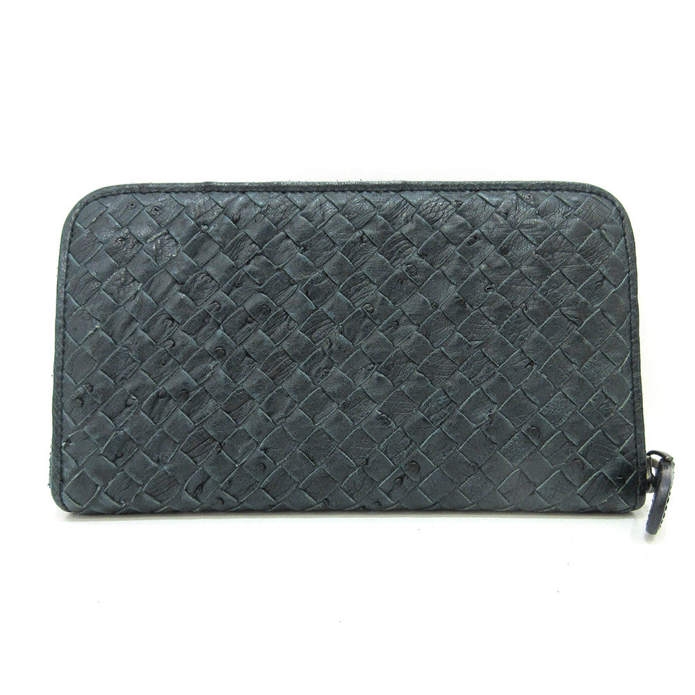 Bottega Veneta Ostrich Long Wallet Navy Intrecciato in Very Good Condition