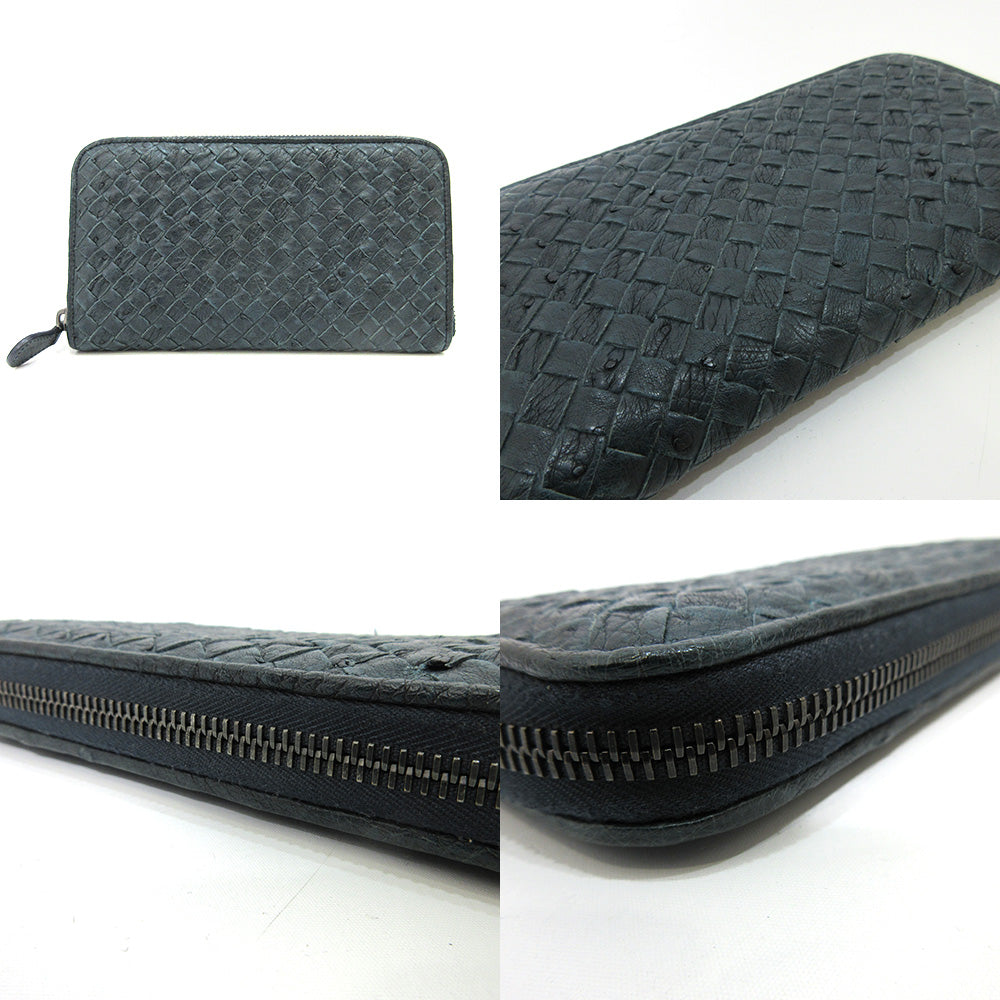 Bottega Veneta Ostrich Long Wallet Navy Intrecciato in Very Good Condition