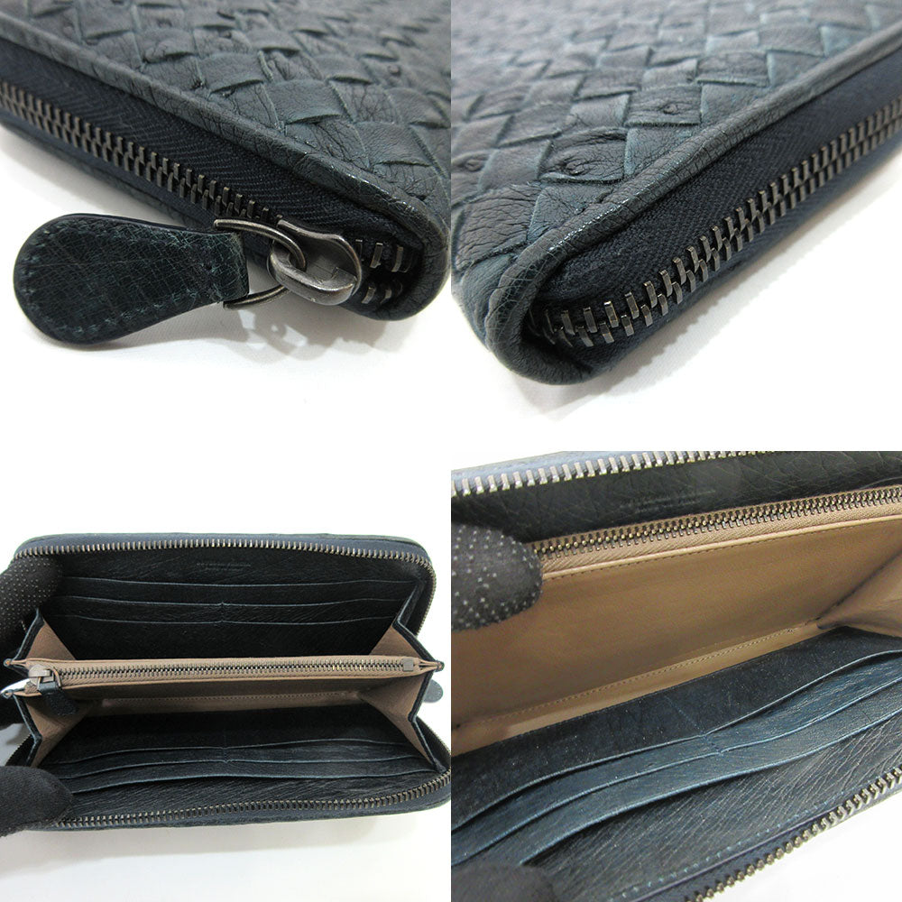 Bottega Veneta Ostrich Long Wallet Navy Intrecciato in Very Good Condition