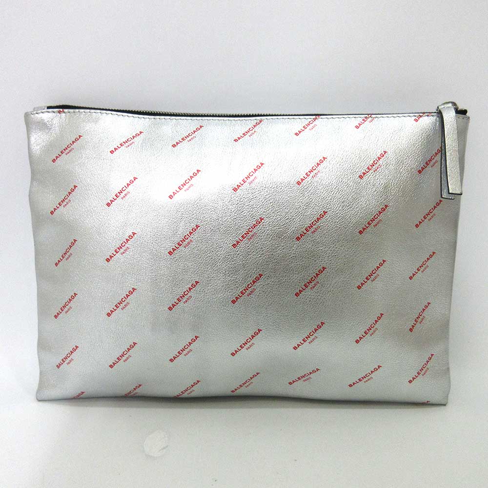 Balenciaga Leather Logo Large Clutch Silver