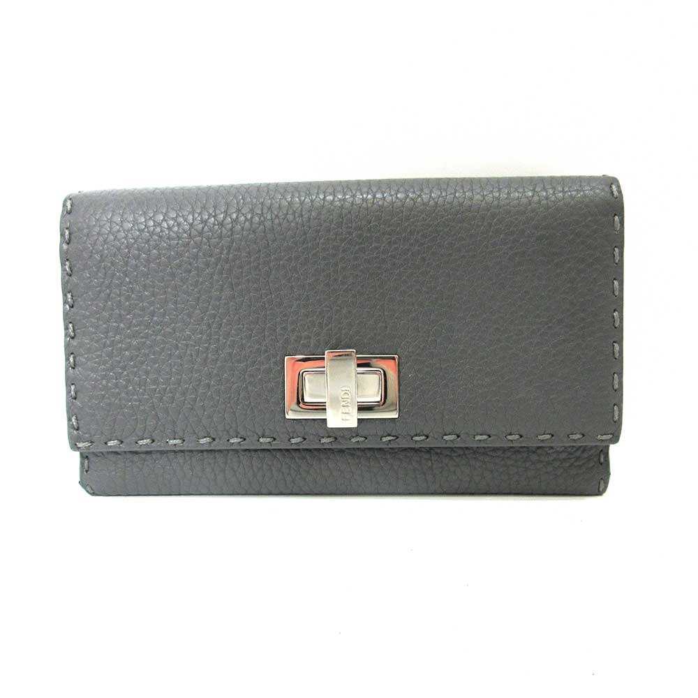 Fendi Leather Selleria Peekaboo Bifold Wallet Gray