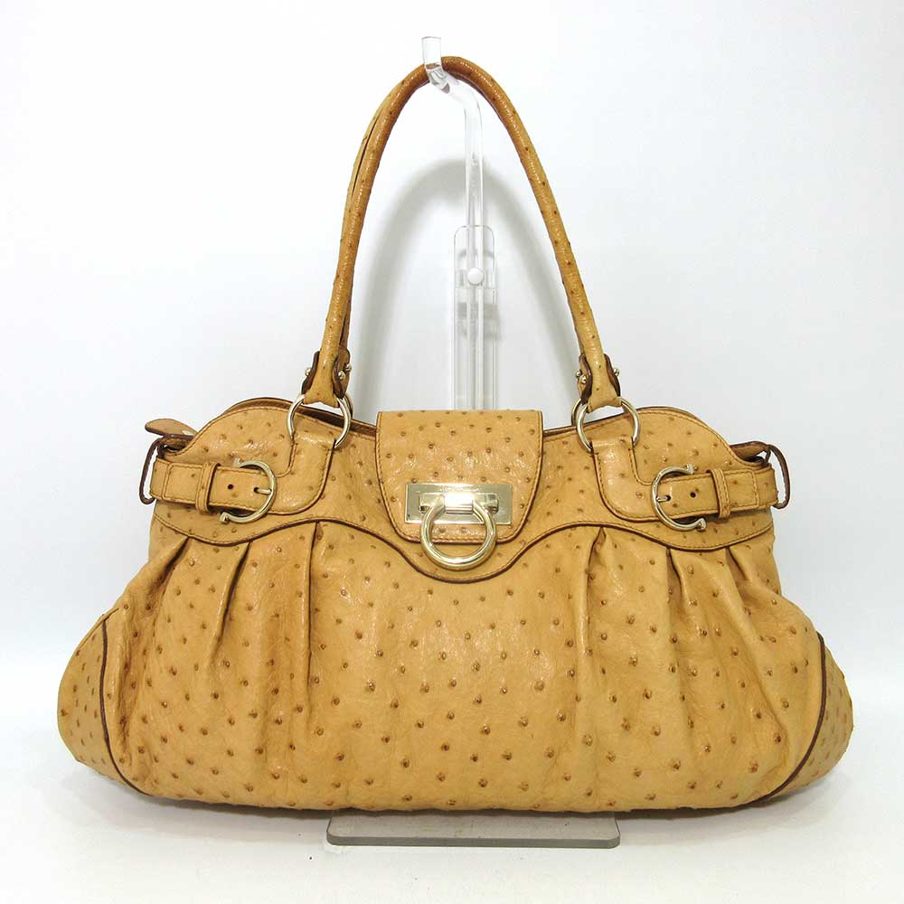 Salvatore Ferragamo Ostrich Handbag Brown in Very Good Condition