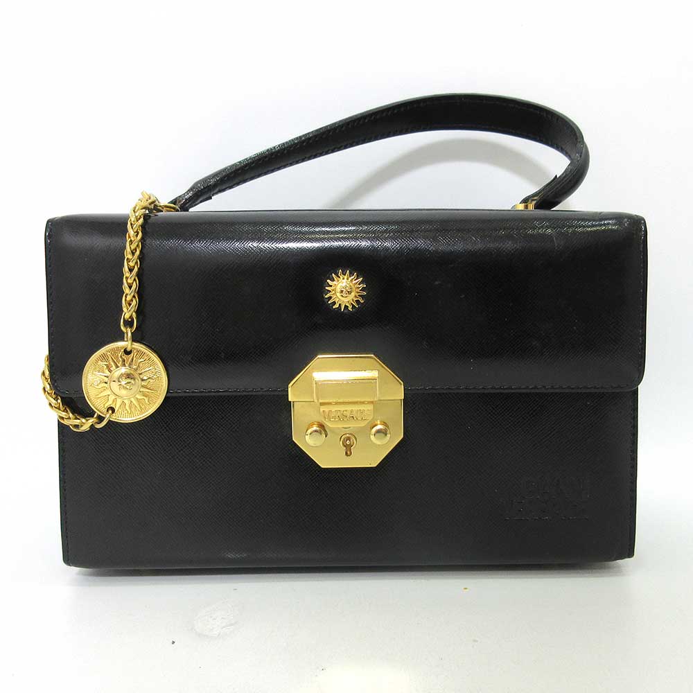 GIANNI VERSACE Coated Leather Vanity Handbag Black Gold Hardware in Very Good Condition