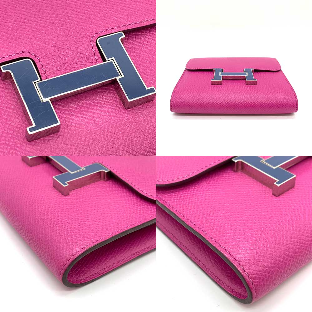 Hermes Constance Compact Wallet, Pink, Silver Hardware, Leather in Very Good Condition