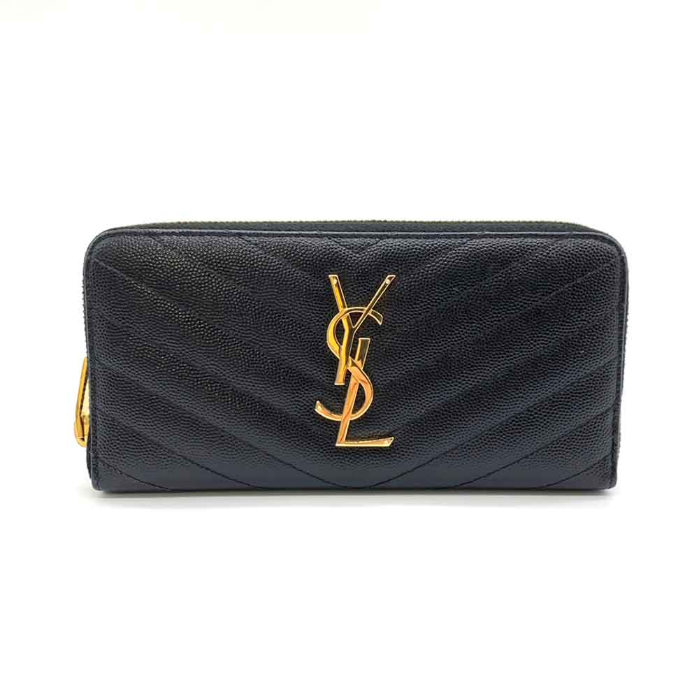 Yves Saint Laurent Leather Monogram Long Wallet Black Gold in Very Good Condition