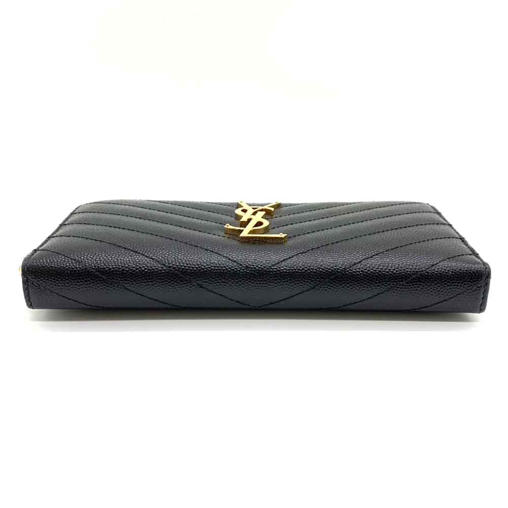 Yves Saint Laurent Leather Monogram Long Wallet Black Gold in Very Good Condition