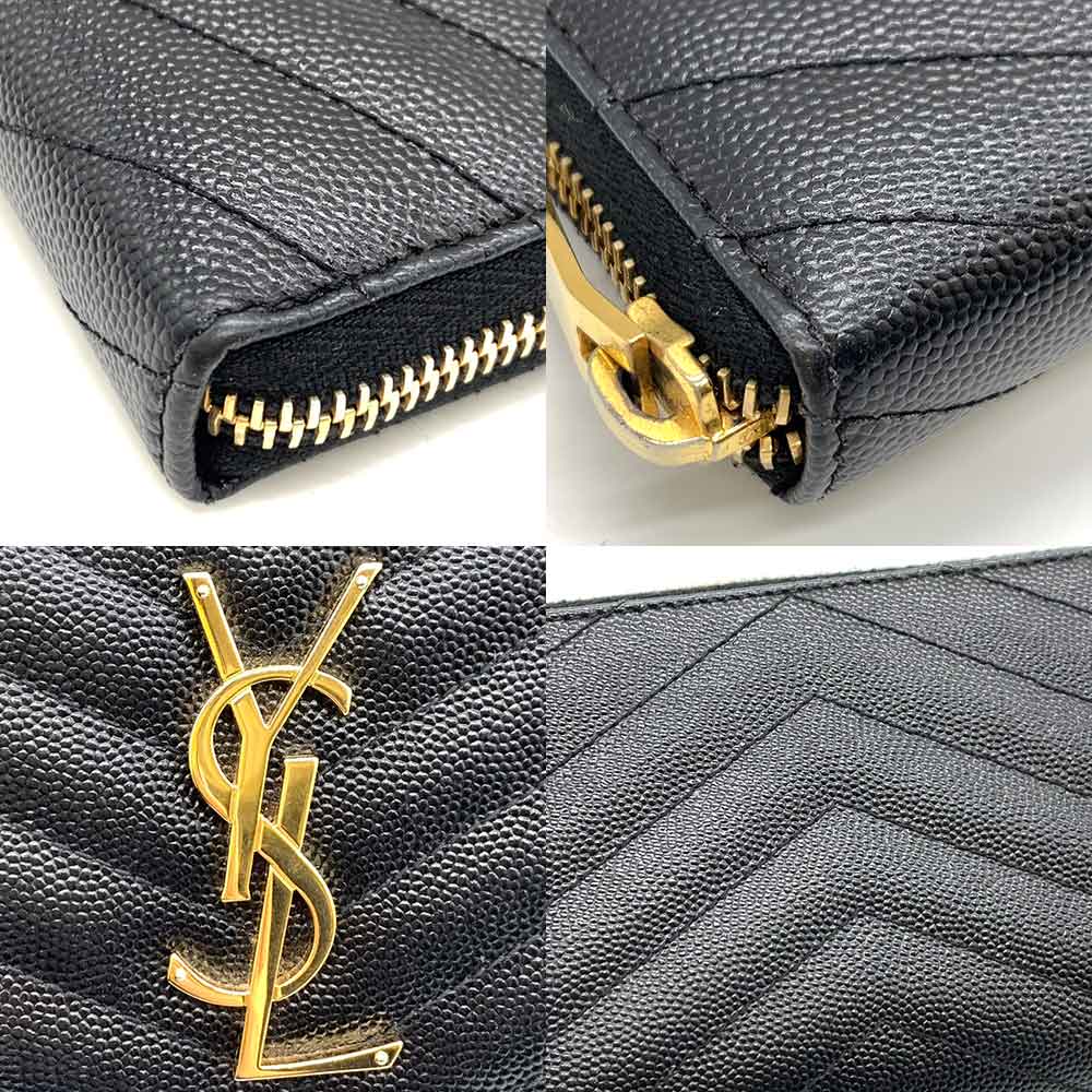 Yves Saint Laurent Leather Monogram Long Wallet Black Gold in Very Good Condition