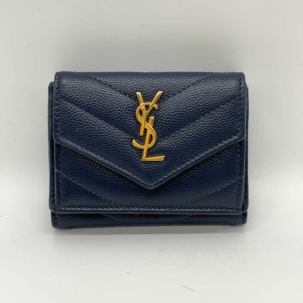 Yves Saint Laurent Leather Tiny Wallet Navy Gold Hardware in Good Condition