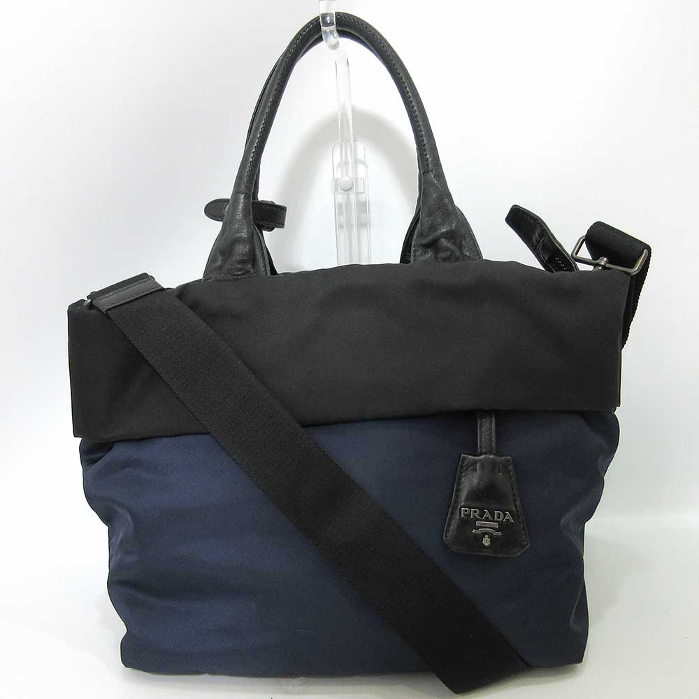 Prada Tessuto Leather Handbag Navy Black B1959V in Very Good Condition