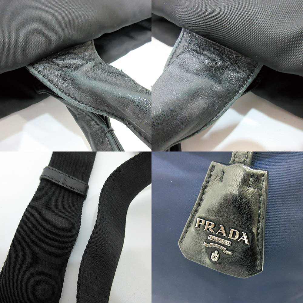 Prada Tessuto Leather Tote Handbag Navy Black