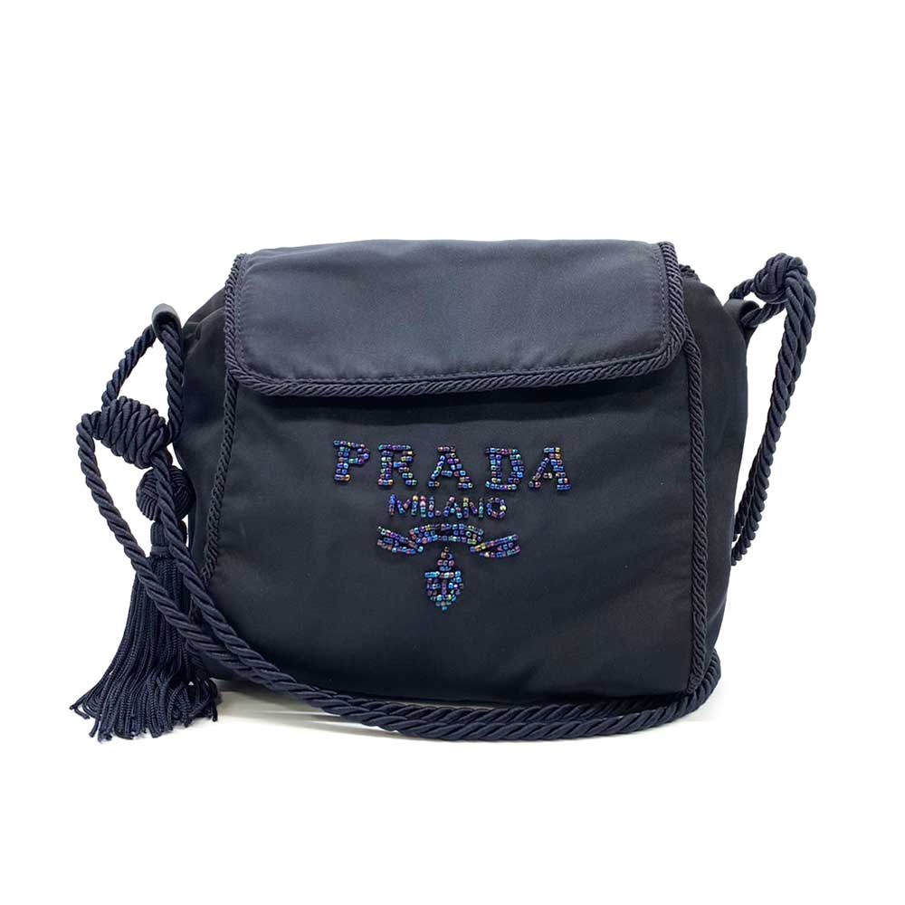 Prada Nylon Mini Shoulder Bag Dark Navy Logo Beads Embroidery in Very Good Condition