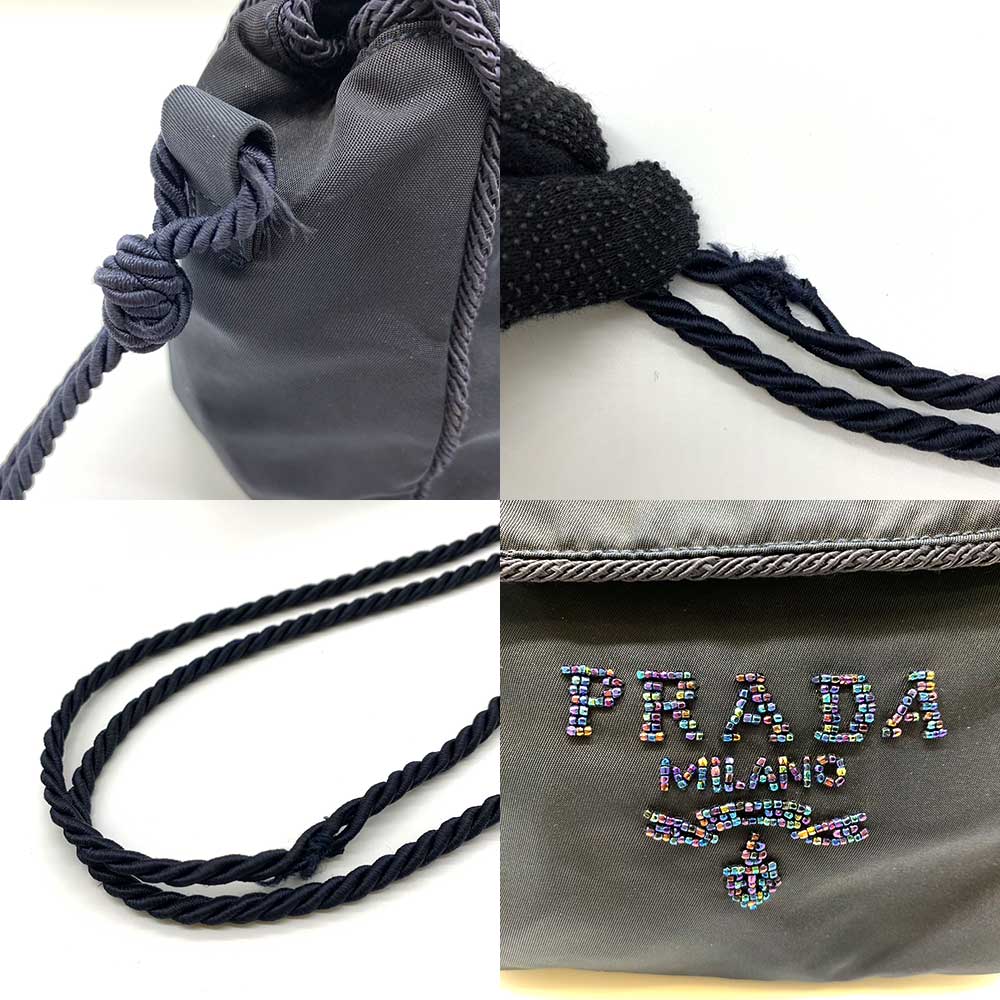 Prada Nylon Mini Shoulder Bag Dark Navy Logo Beads Embroidery